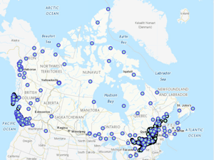 CN,QW Station Book Index - Map of Canadas Earthquake Early Warning Network