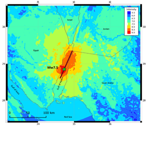 Shake map screenshot showing earthquake intensity by colour