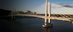 Large suspension bridge over water with cityscape behind