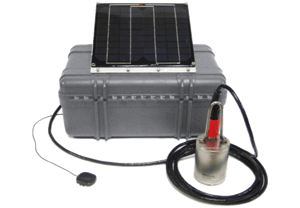 Deployment case with solar panel on top and connected to a seismometer via large cable