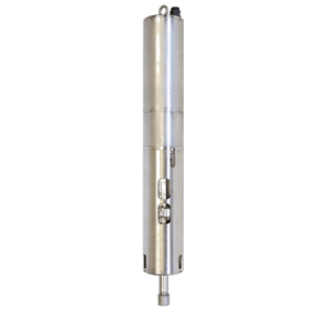 Stainless steel Trillium 120 Borehole seismometer standing upright