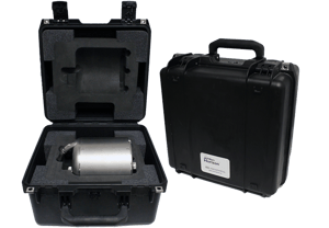 Trillium Horizon transport case, sitting open with seismometer laying inside in the foam