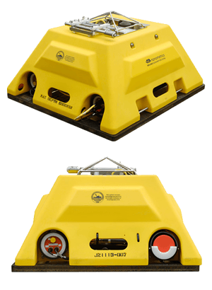 Nanometrics Abalones Ocean Bottom Station, side view and front view